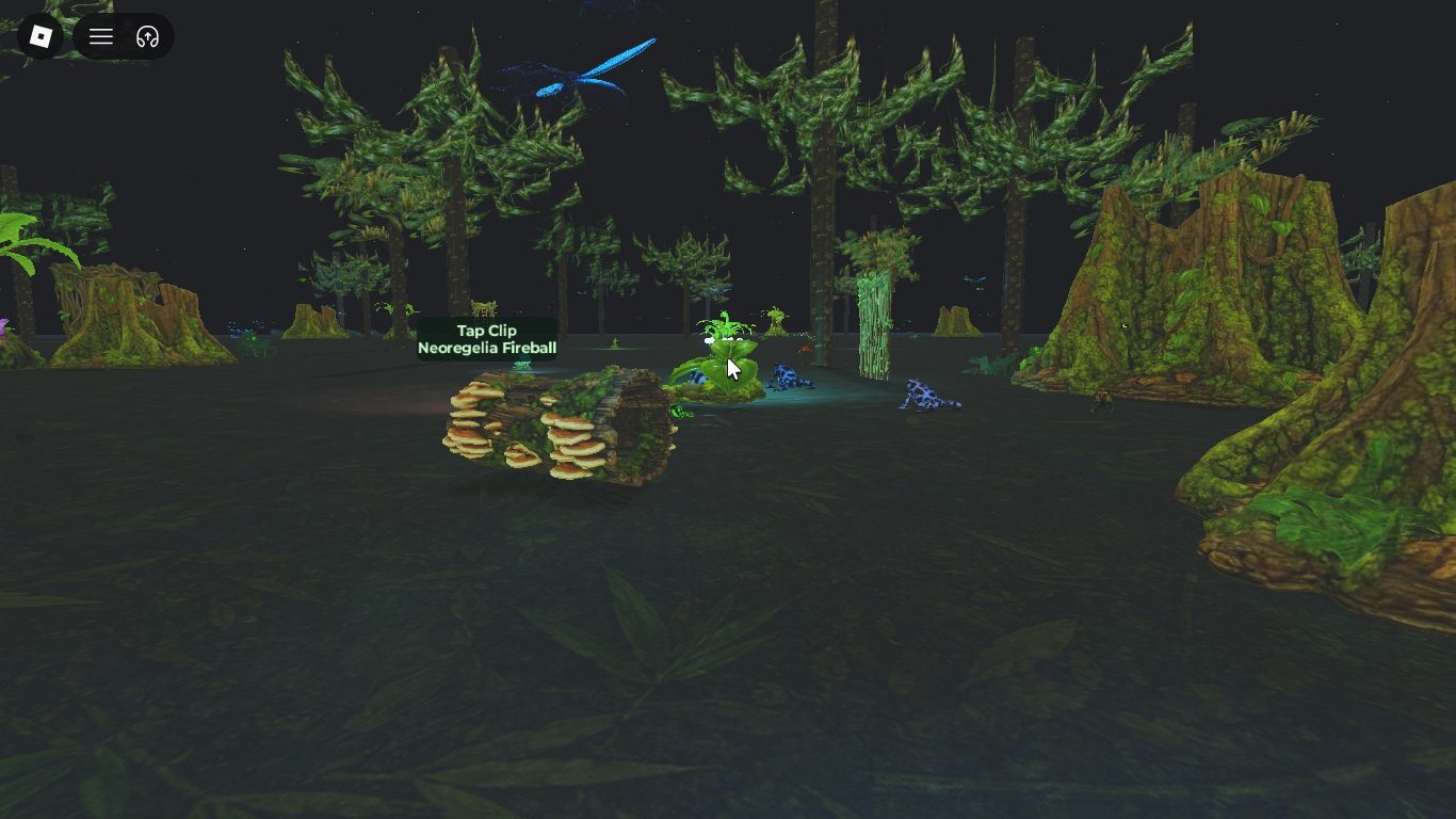 Spotters — a moonlit rainforest at night with a glowing dragonfly and blue frogs
