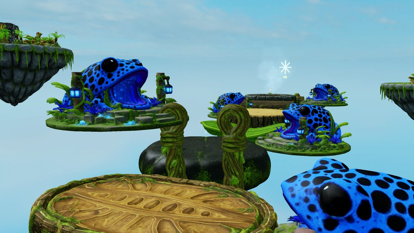 A giant azureus frog guarding a carved wooden platform on the obby route