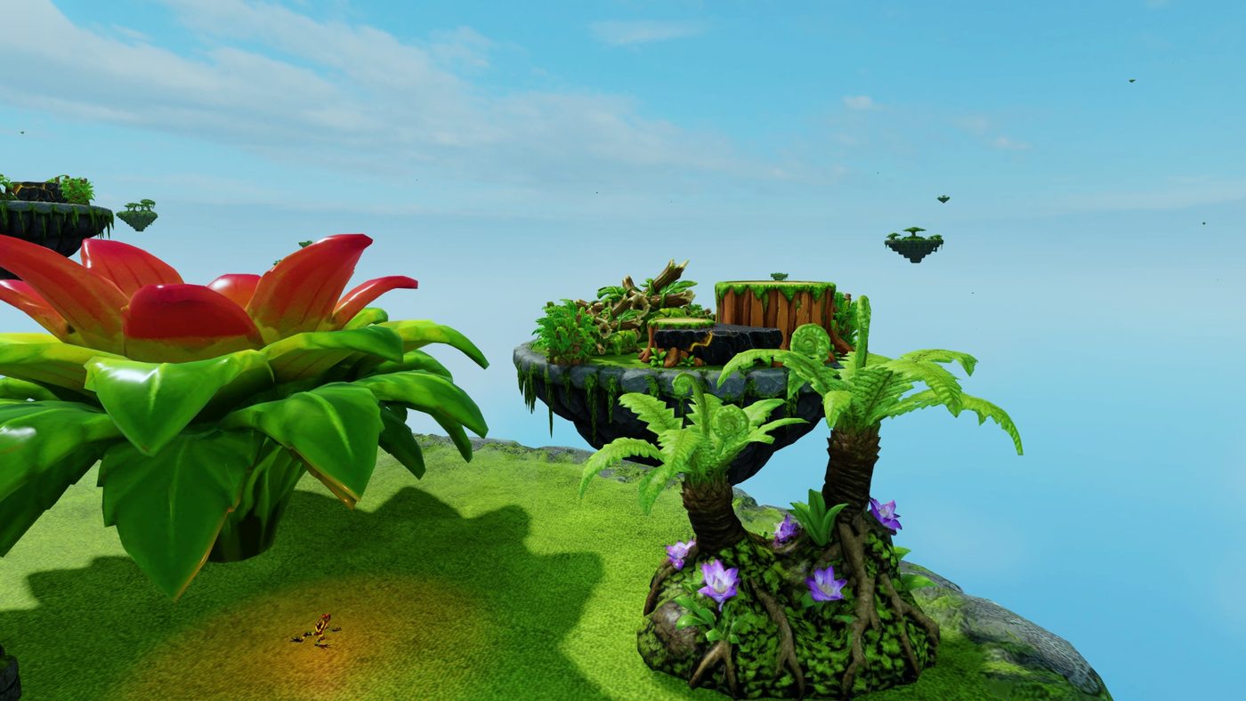A red bromeliad blooming over a floating jungle island